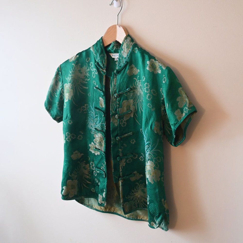 90's Vintage style Whitby Emerald Green Chinese Mandarin Collar Top 36 XS